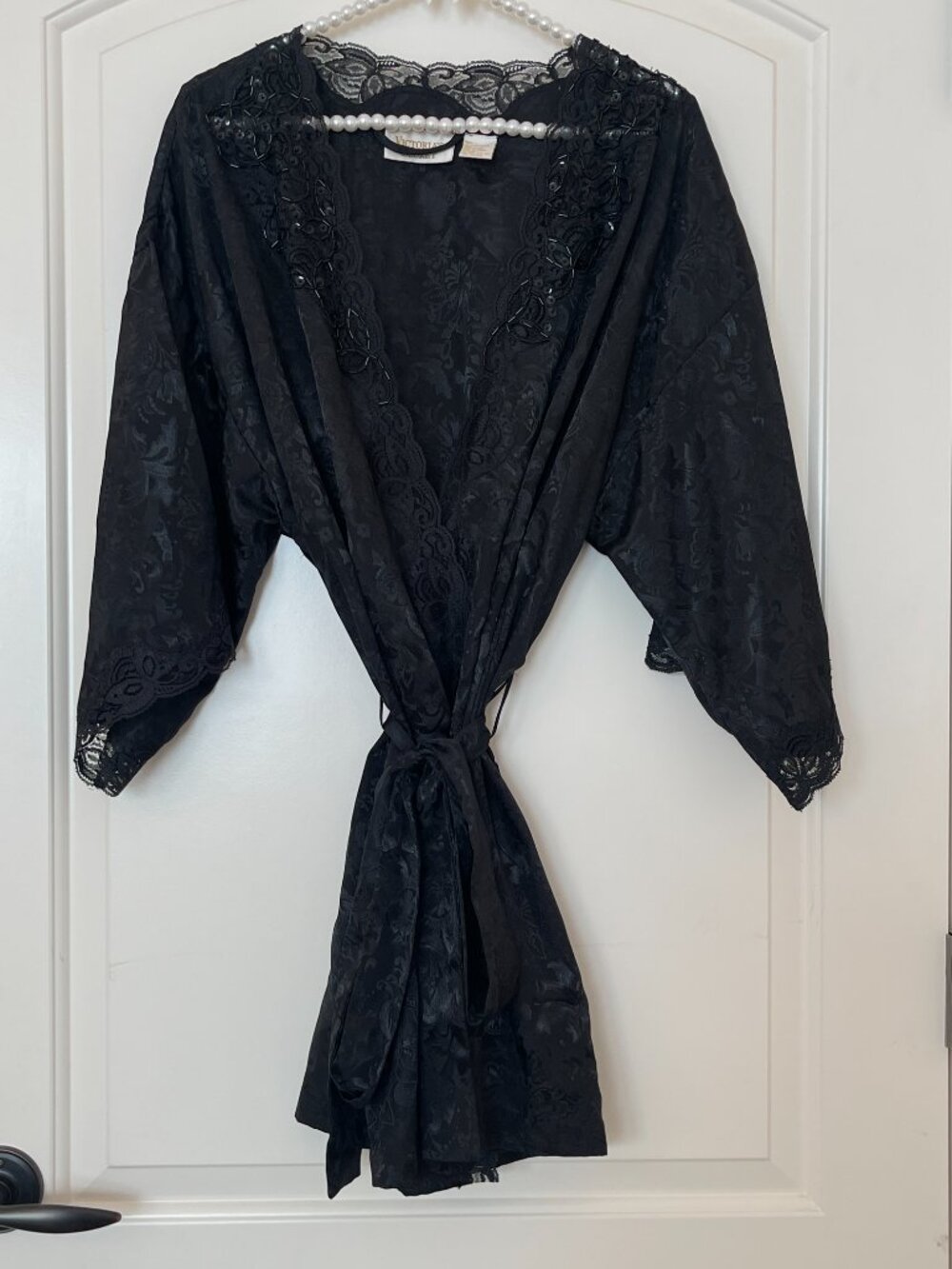 Vintage Victoria's Secret Robe Black Beaded Jacquard Lace Trim Belted One Size